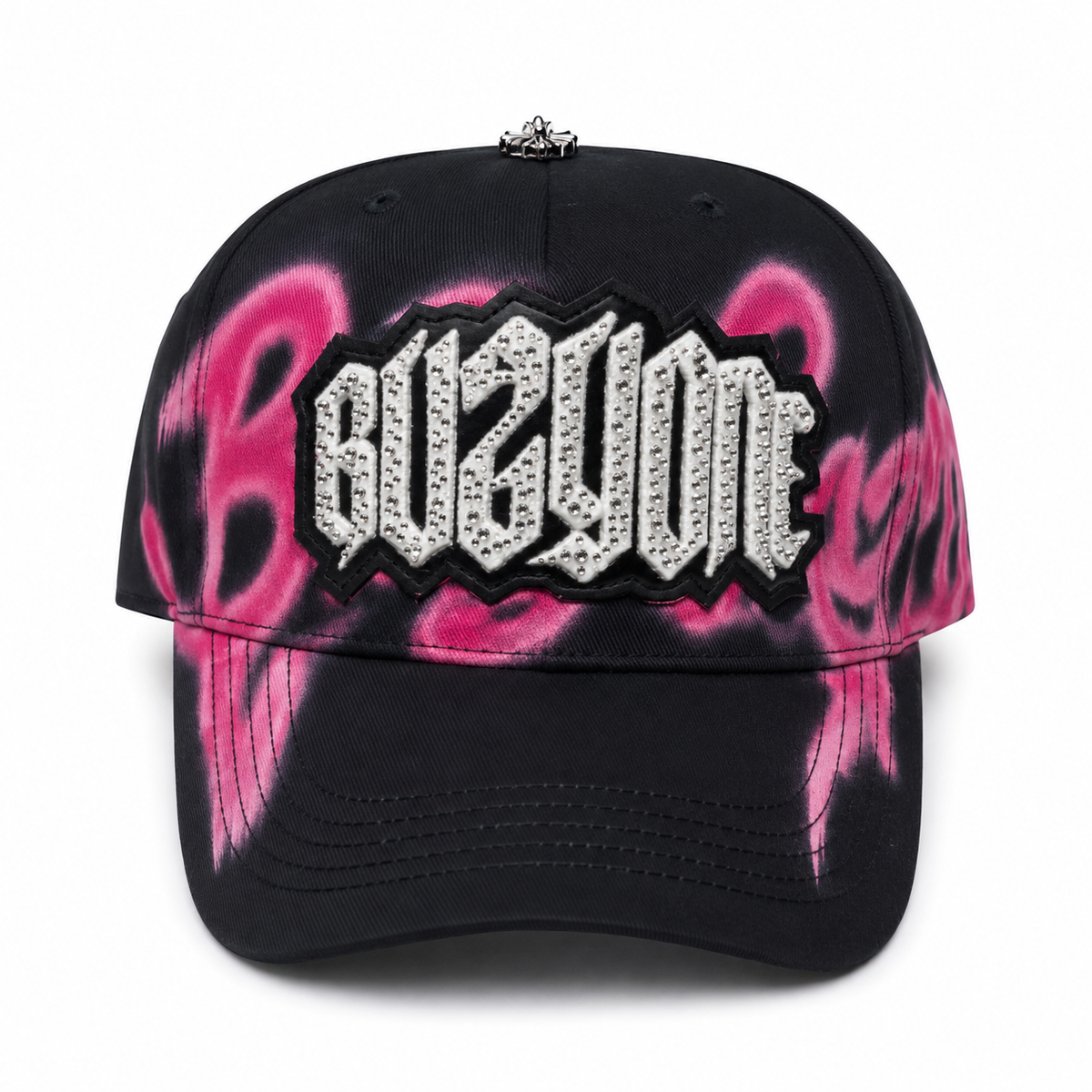 Gorra Baez x 31 Hats Buzy One negra con gráficos rosas y logo de pedrería