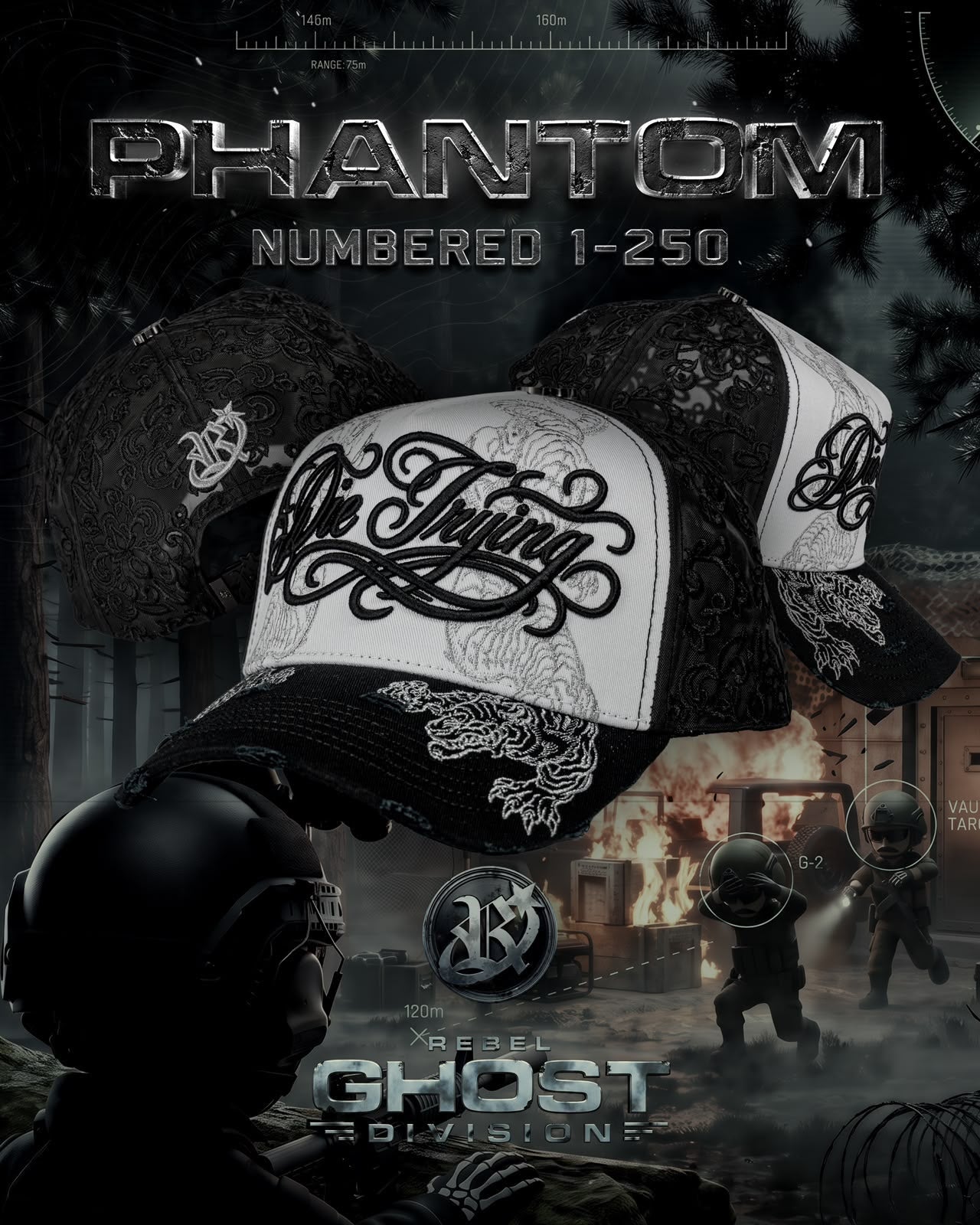 Gorra Rebel Phantom Die Trying blanca detalle
